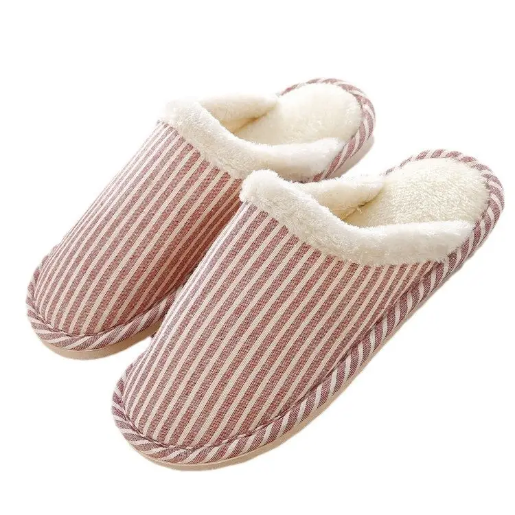 Autumn and Winter Home Cotton Slippers Indoor Men and Women Couple Stripesd Plush Warm Thick Bottom Floor Guest Slippers