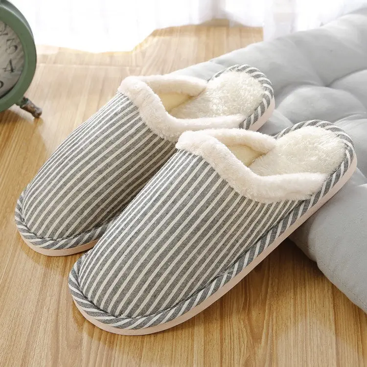 Autumn and Winter Home Cotton Slippers Indoor Men and Women Couple Stripesd Plush Warm Thick Bottom Floor Guest Slippers