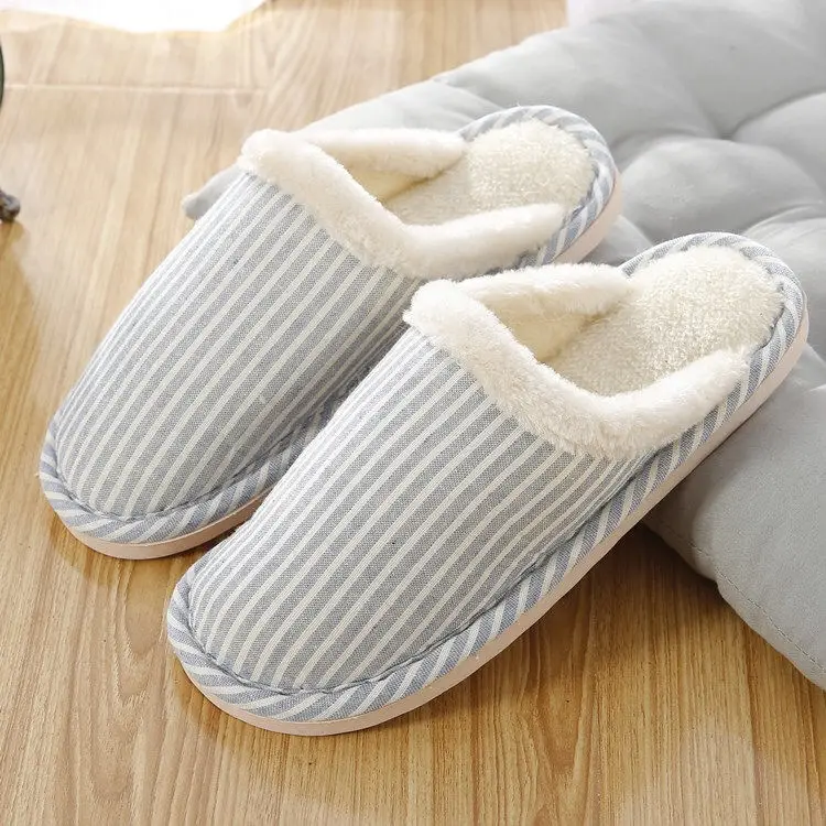 Autumn and Winter Home Cotton Slippers Indoor Men and Women Couple Stripesd Plush Warm Thick Bottom Floor Guest Slippers