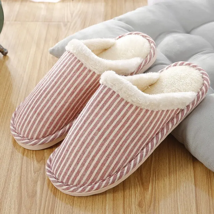Autumn and Winter Home Cotton Slippers Indoor Men and Women Couple Stripesd Plush Warm Thick Bottom Floor Guest Slippers