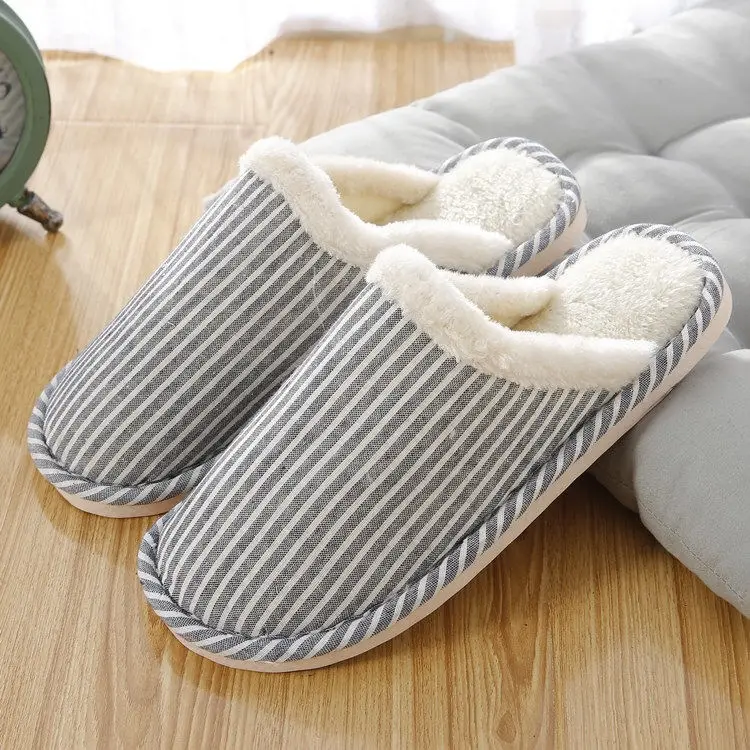 Autumn and Winter Home Cotton Slippers Indoor Men and Women Couple Stripesd Plush Warm Thick Bottom Floor Guest Slippers