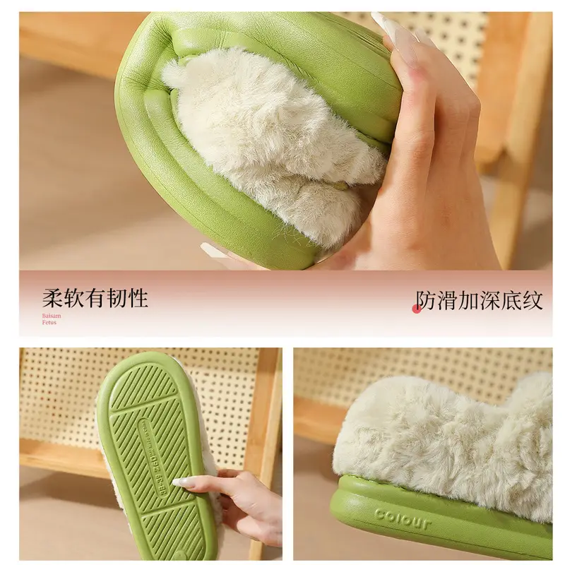 Winter Plush Cotton Sippers Green Women Winter Warm Non-Slip Home - Image 8