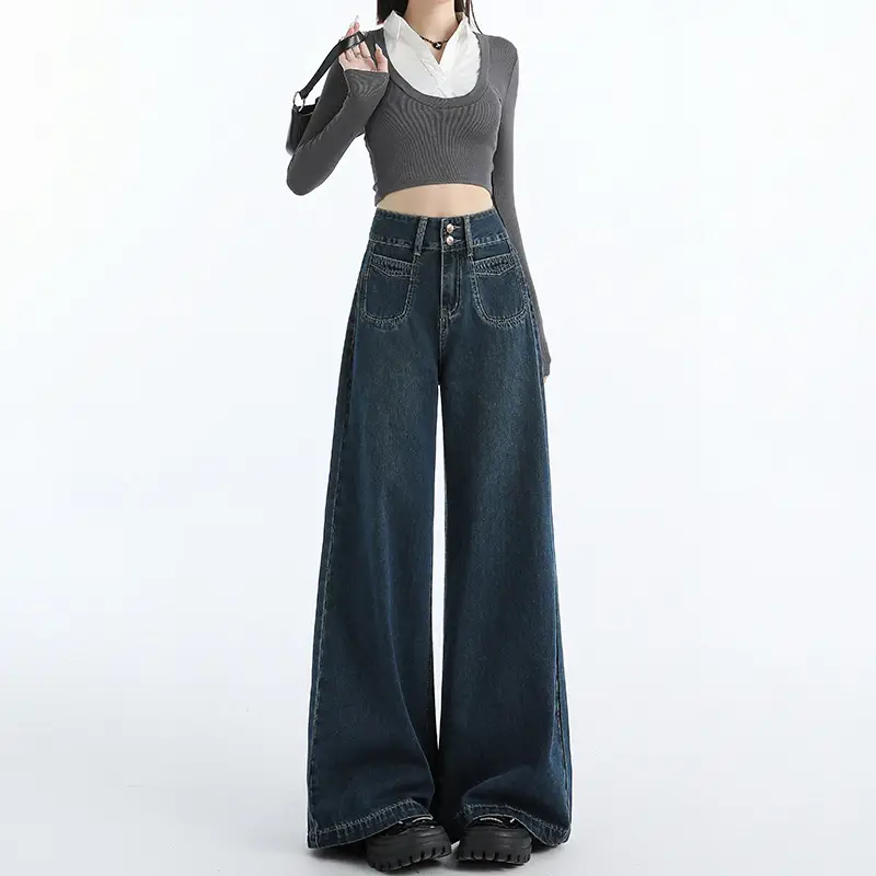 Vintage Dark Blue Wide Leg Jeans Women 2024