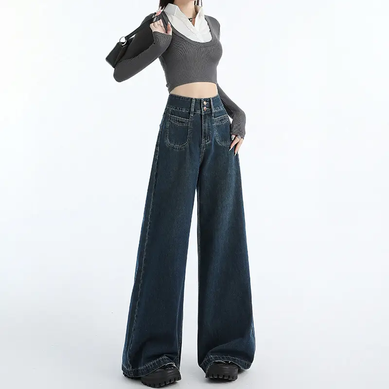 Vintage Dark Blue Wide Leg Jeans Women 2024