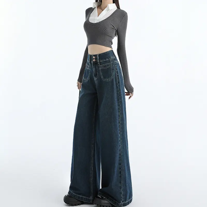 Vintage Dark Blue Wide Leg Jeans Women 2024