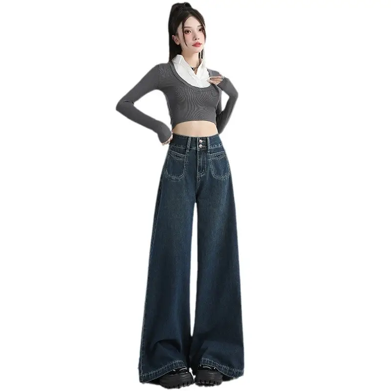 Vintage Dark Blue Wide Leg Jeans Women 2024