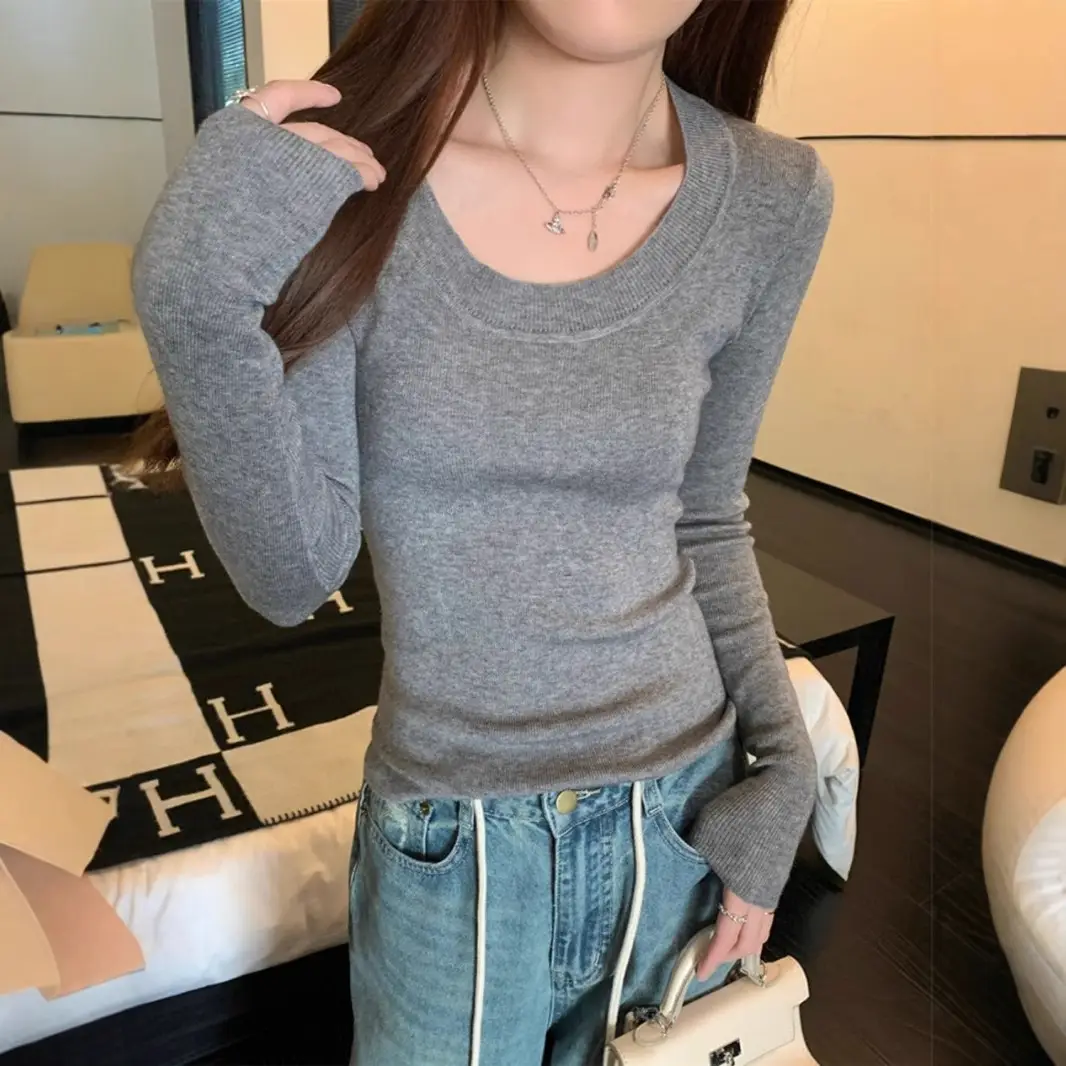 Black U-neck Sweater Women's Autumn and Winter High-end Soft Waxy Inner Sweater Base Shirt Slim-fit Slimming Elegant Top
