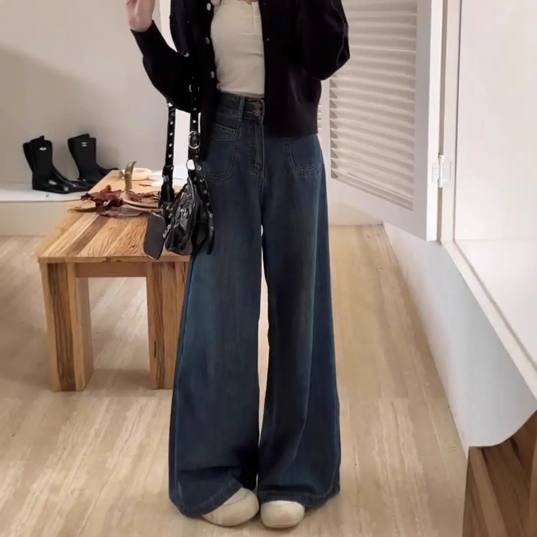 Women Wide Leg Jeans Dark Blue Plus Size Loose Fit
