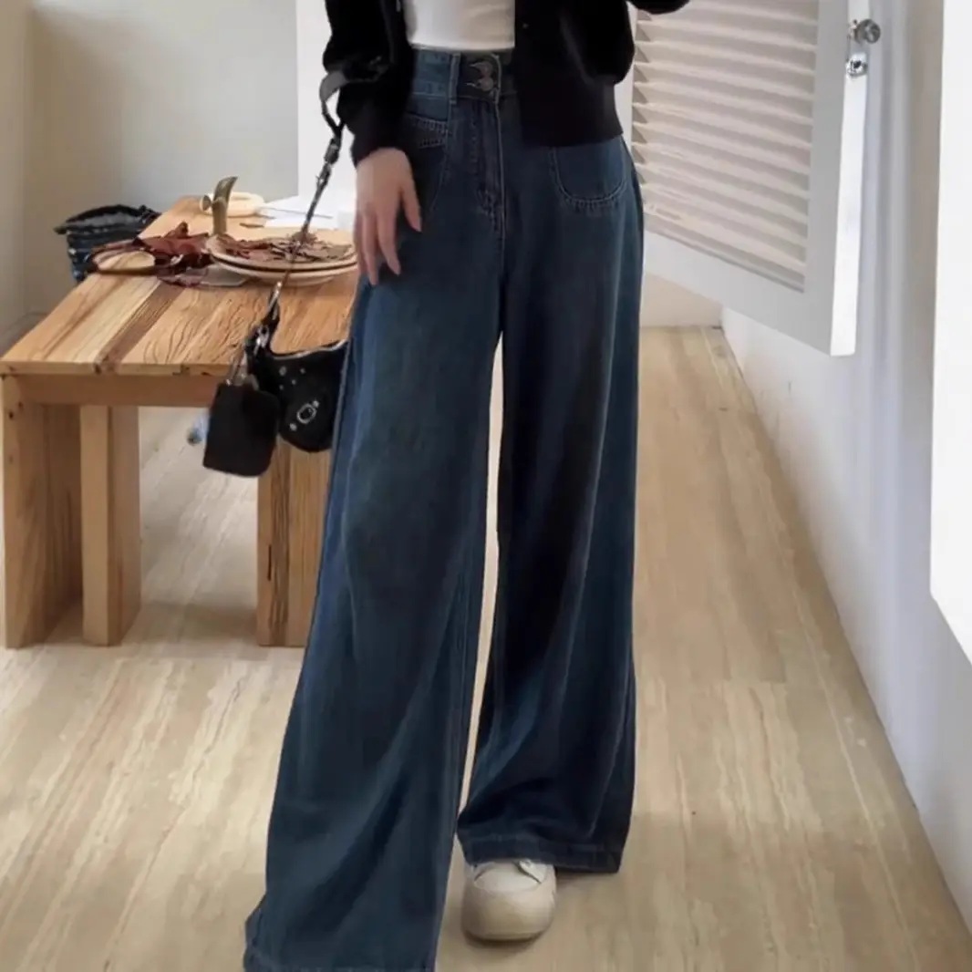 Women Wide Leg Jeans Dark Blue Plus Size Loose Fit