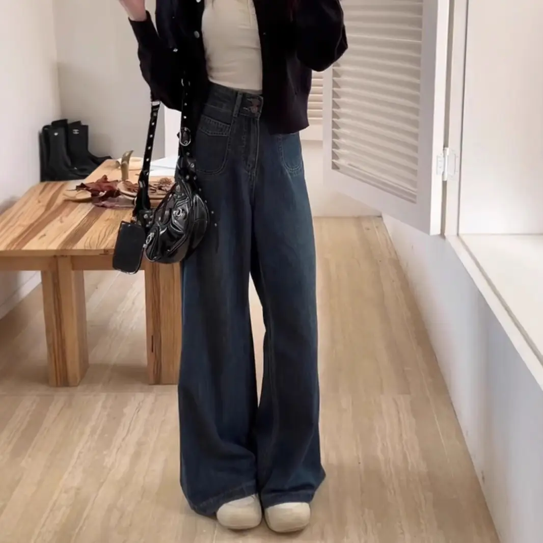Women Wide Leg Jeans Dark Blue Plus Size Loose Fit