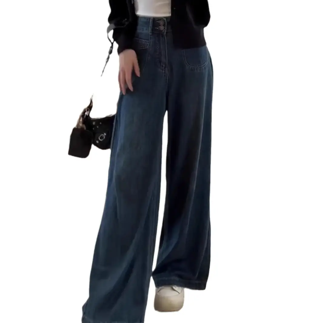Women Wide Leg Jeans Dark Blue Plus Size Loose Fit