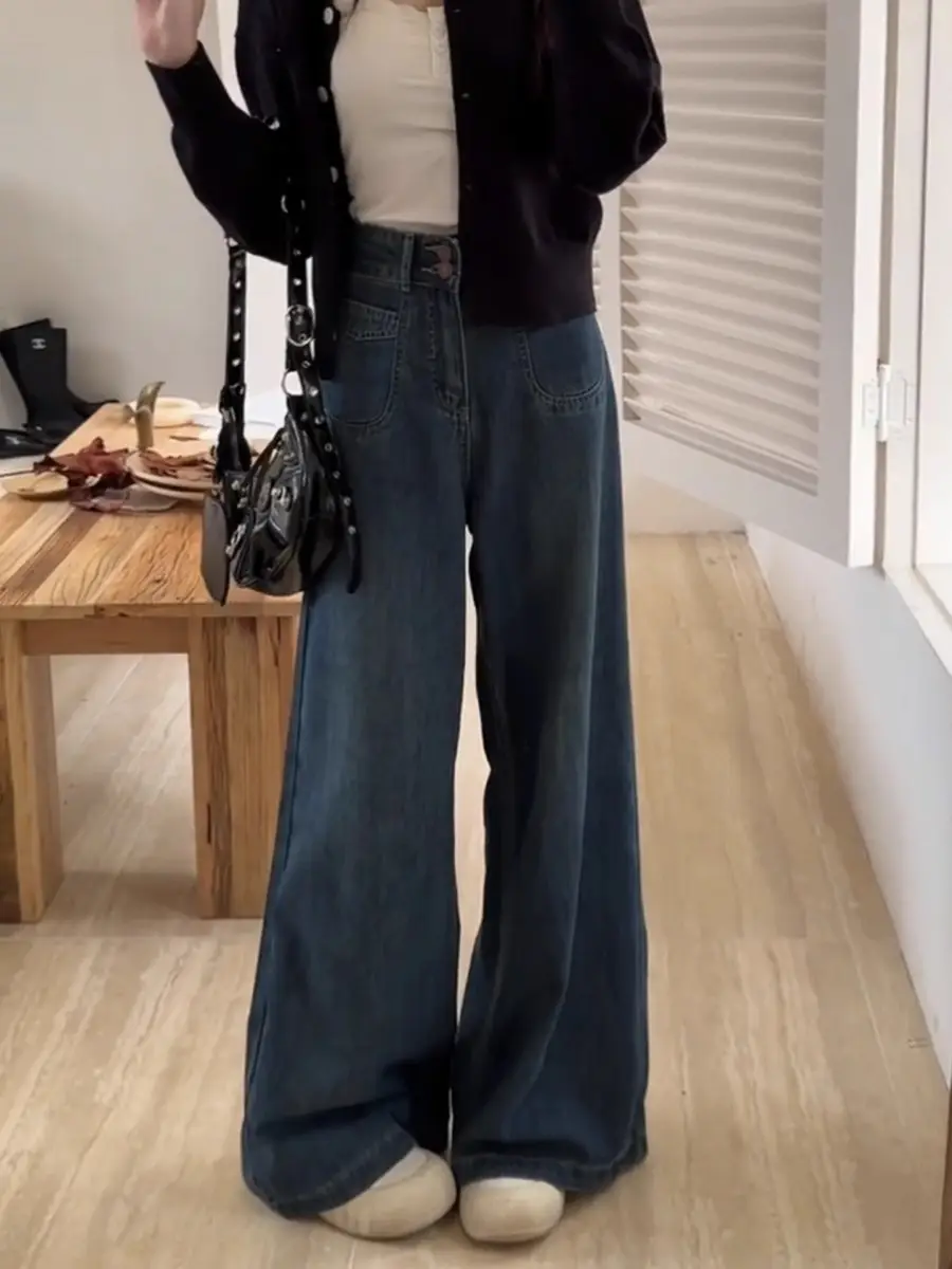 Women Wide Leg Jeans Dark Blue Plus Size Loose Fit — feature 2