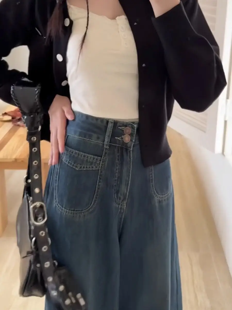 Women Wide Leg Jeans Dark Blue Plus Size Loose Fit — feature 3