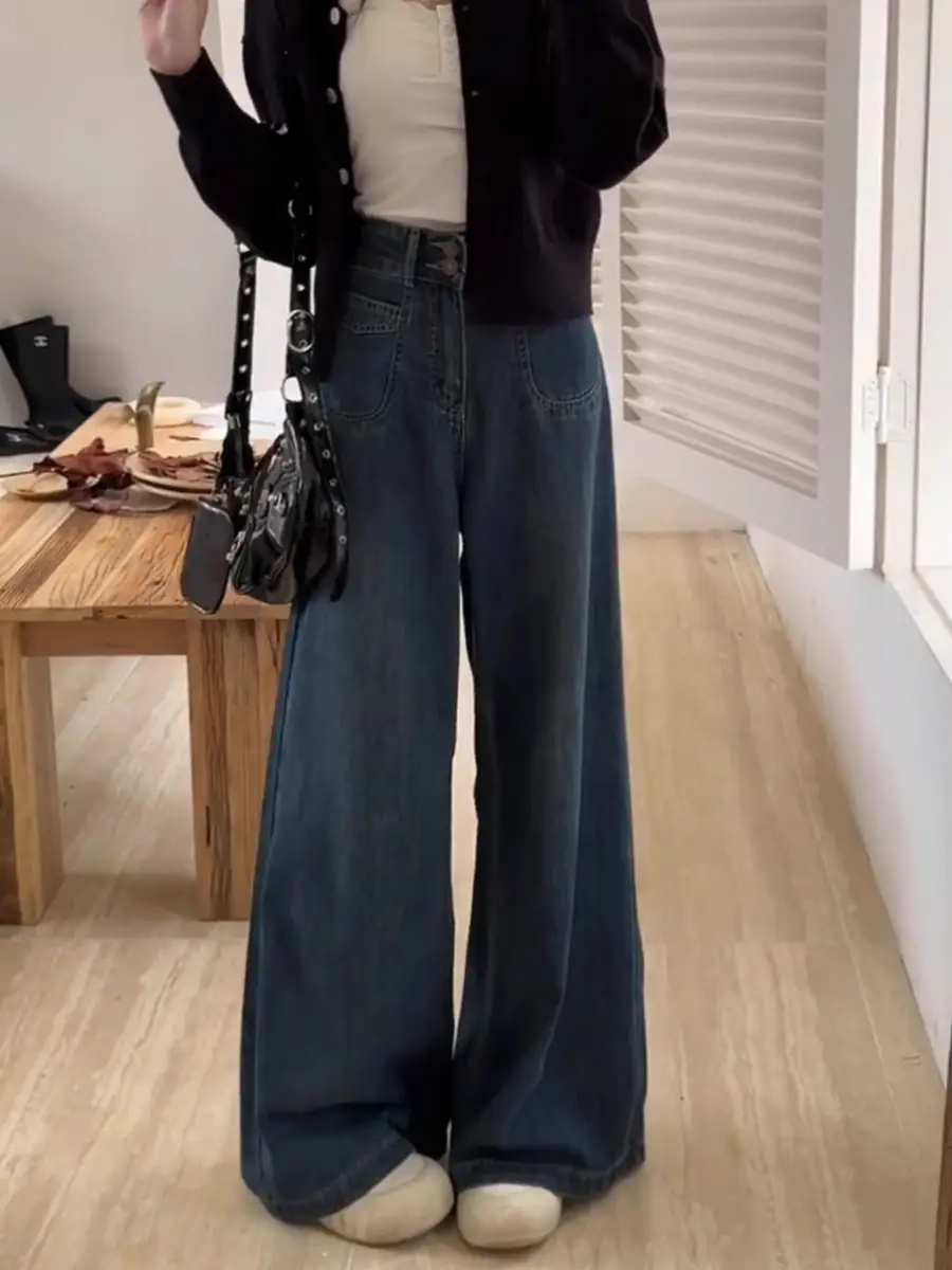 Women Wide Leg Jeans Dark Blue Plus Size Loose Fit — feature 4