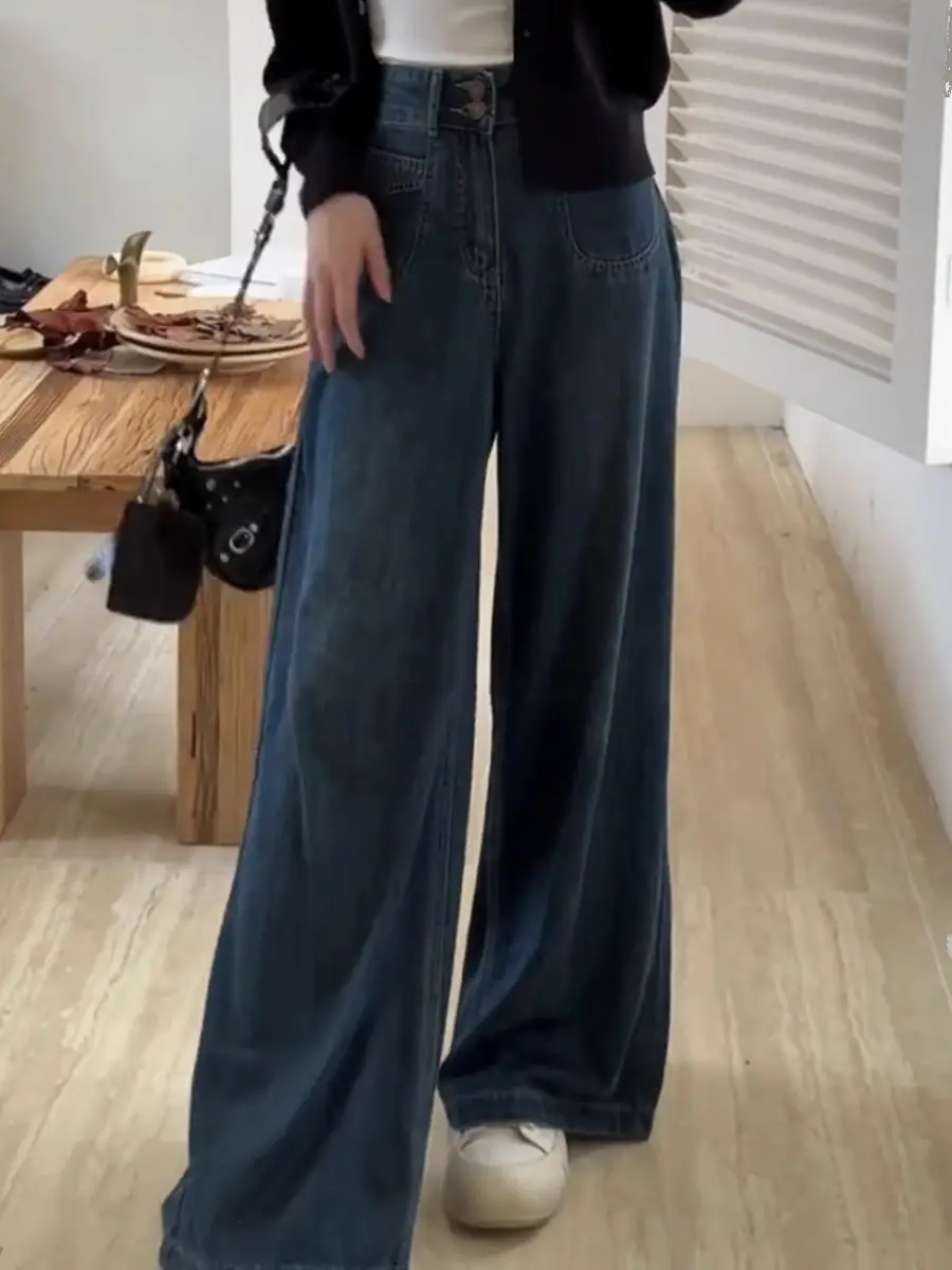 Women Wide Leg Jeans Dark Blue Plus Size Loose Fit — feature 5