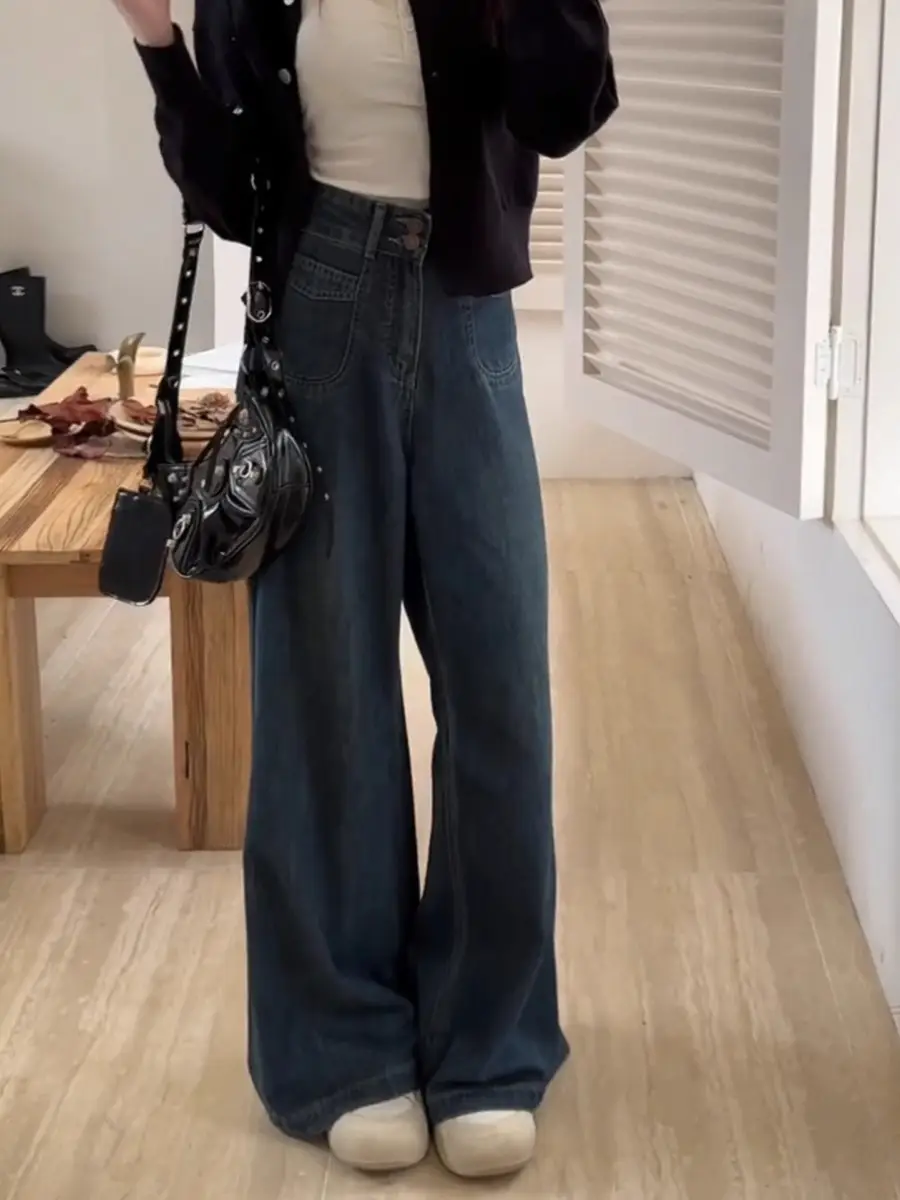 Women Wide Leg Jeans Dark Blue Plus Size Loose Fit — feature 6