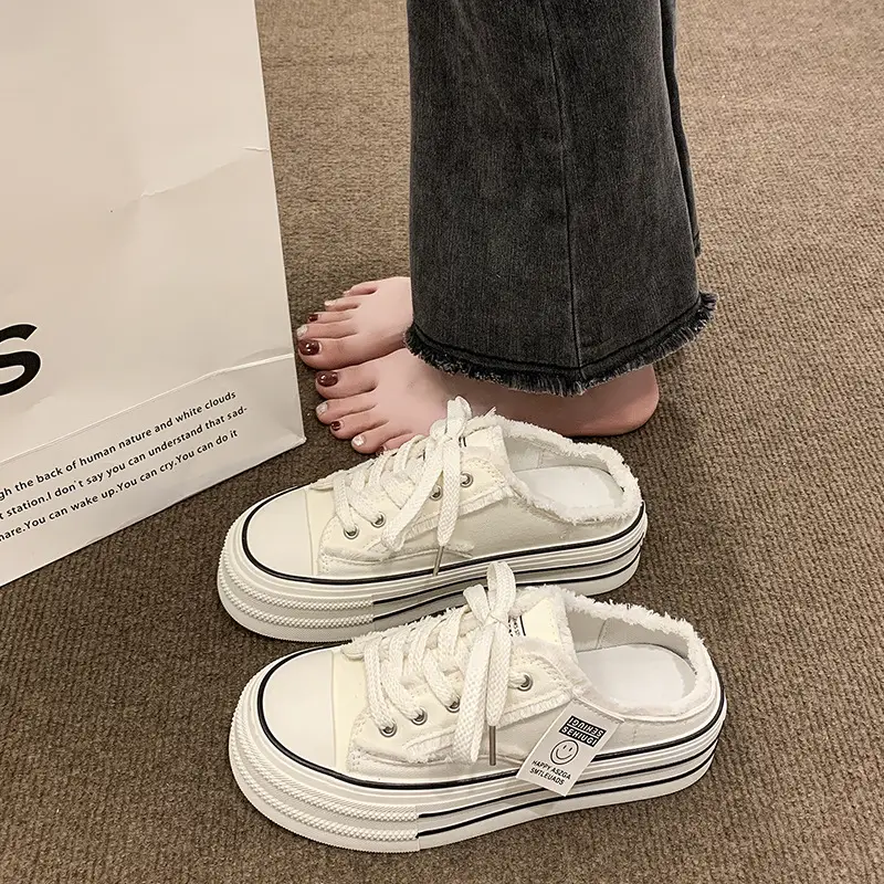 Baotou Canvas Half Slippers Women's Summer Outer Wear 2024 New Thick Bottom Increased Casual Lace-up Lazy White Sandals and Slippers - Image 6