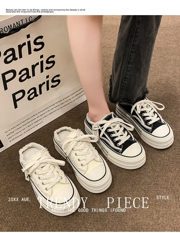 Baotou Canvas Half Slippers Women's Summer Outer Wear 2024 New Thick Bottom Increased Casual Lace-up Lazy White Sandals and Slippers — feature 1