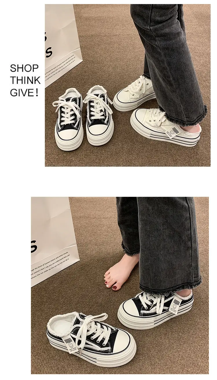 Baotou Canvas Half Slippers Women's Summer Outer Wear 2024 New Thick Bottom Increased Casual Lace-up Lazy White Sandals and Slippers — feature 10