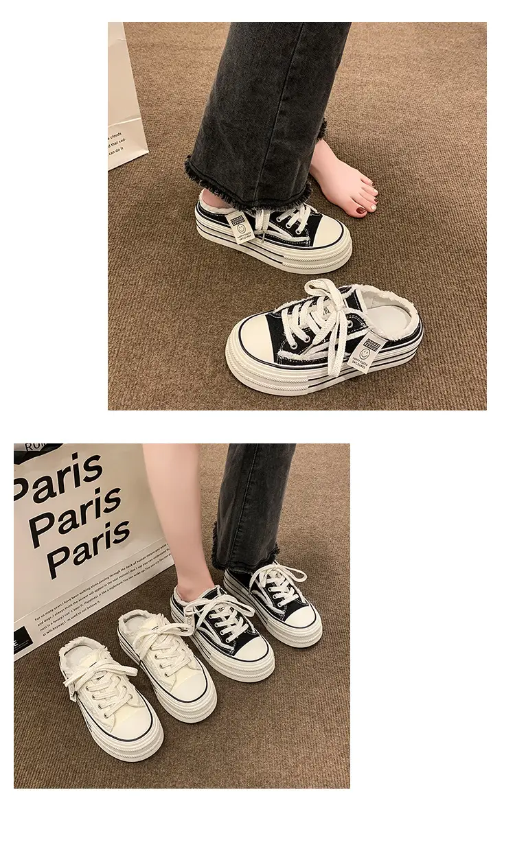 Baotou Canvas Half Slippers Women's Summer Outer Wear 2024 New Thick Bottom Increased Casual Lace-up Lazy White Sandals and Slippers — feature 12