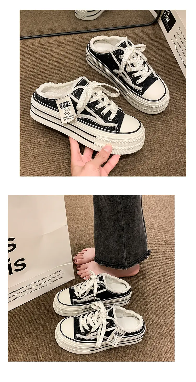 Baotou Canvas Half Slippers Women's Summer Outer Wear 2024 New Thick Bottom Increased Casual Lace-up Lazy White Sandals and Slippers — feature 17