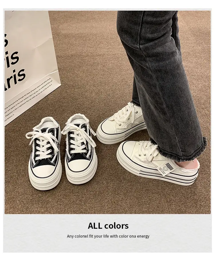 Baotou Canvas Half Slippers Women's Summer Outer Wear 2024 New Thick Bottom Increased Casual Lace-up Lazy White Sandals and Slippers — feature 4