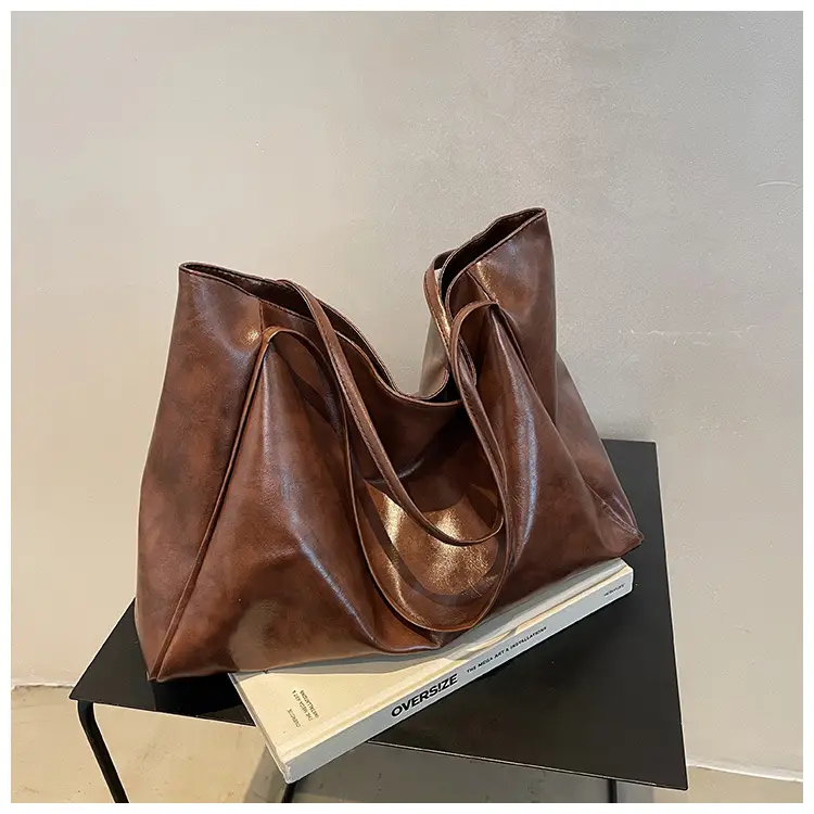 Women's Black Leather Shoulder Tote Bag Large Capacity - Image 7