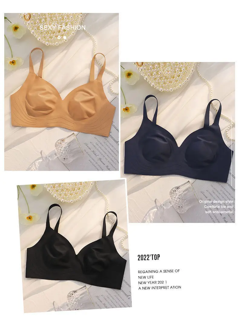 Rabbit Ears Crystal Cup Seamless Steel Ring-free Underwear Women's Big Chest Shiny Summer Thin Breathable Latex Milk Leather Bra — feature 24