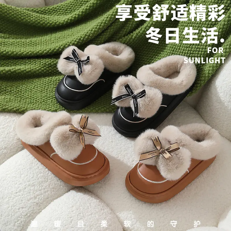Women's Thick Bow Waterproof Leather Slippers — feature 1
