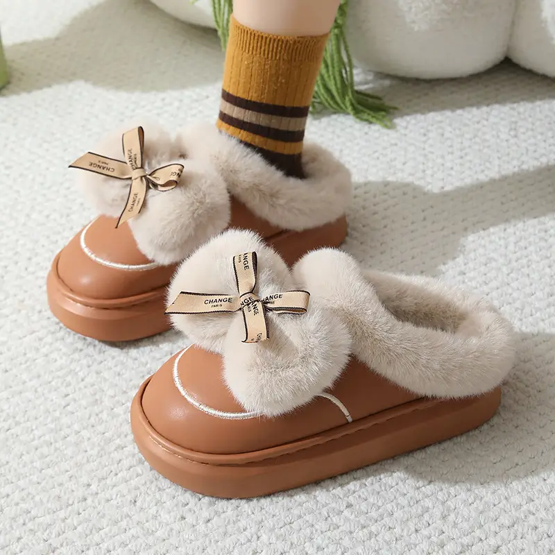 Women's Thick Bow Waterproof Leather Slippers — feature 14