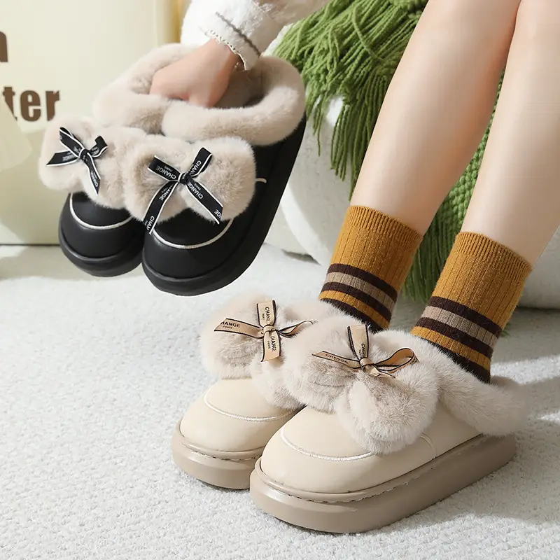 Women's Thick Bow Waterproof Leather Slippers — feature 2