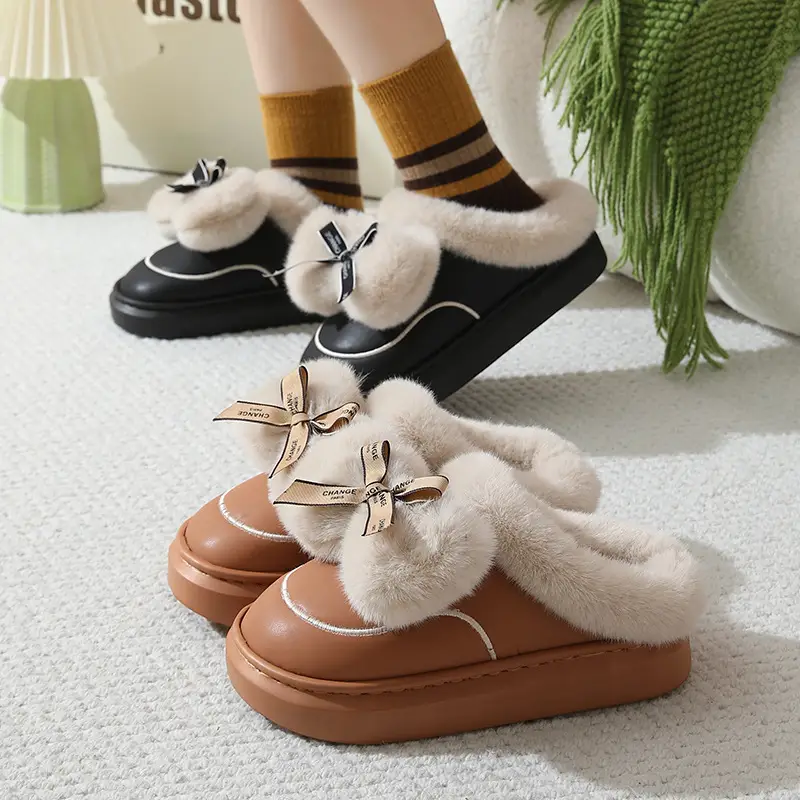 Women's Thick Bow Waterproof Leather Slippers — feature 3