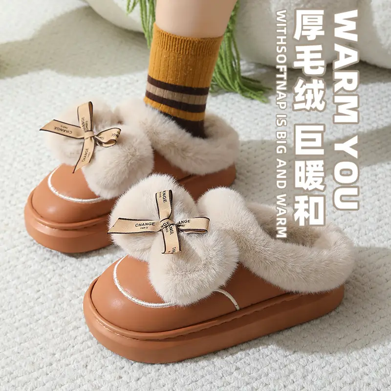 Women's Thick Bow Waterproof Leather Slippers — feature 4