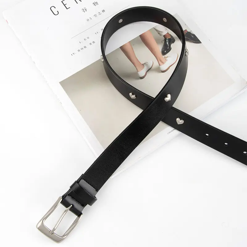 Black Genuine Leather Belt with Vintage Heart Pin Buckle for Women