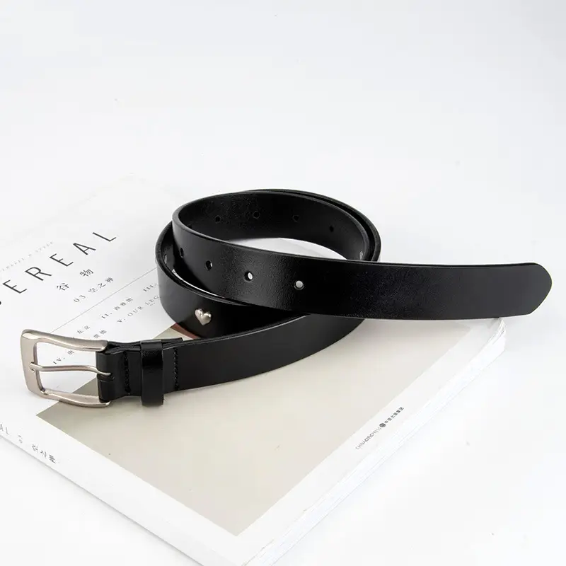 Black Genuine Leather Belt with Vintage Heart Pin Buckle for Women