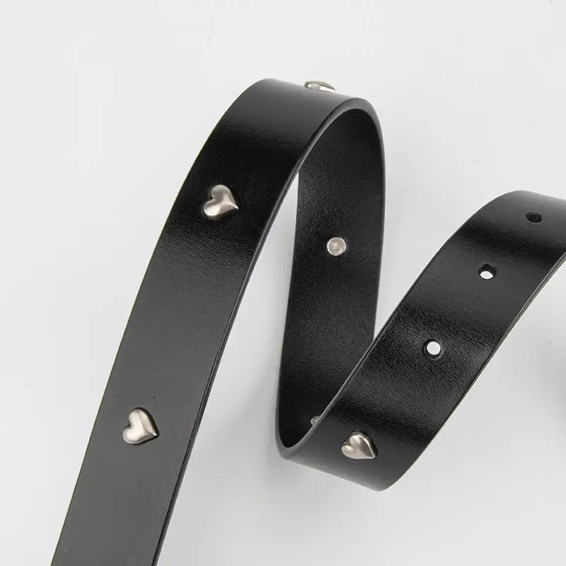 Black Genuine Leather Belt with Vintage Heart Pin Buckle for Women