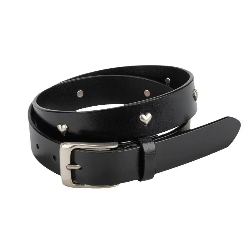 Black Genuine Leather Belt with Vintage Heart Pin Buckle for Women