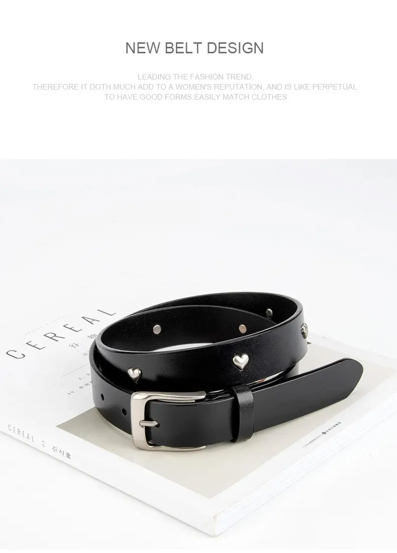 Black Genuine Leather Belt with Vintage Heart Pin Buckle for Women — feature 10
