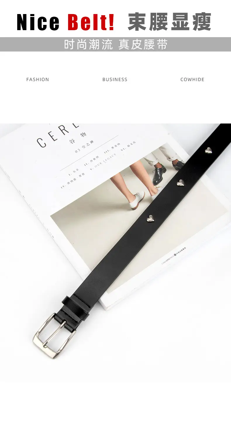 Black Genuine Leather Belt with Vintage Heart Pin Buckle for Women — feature 3