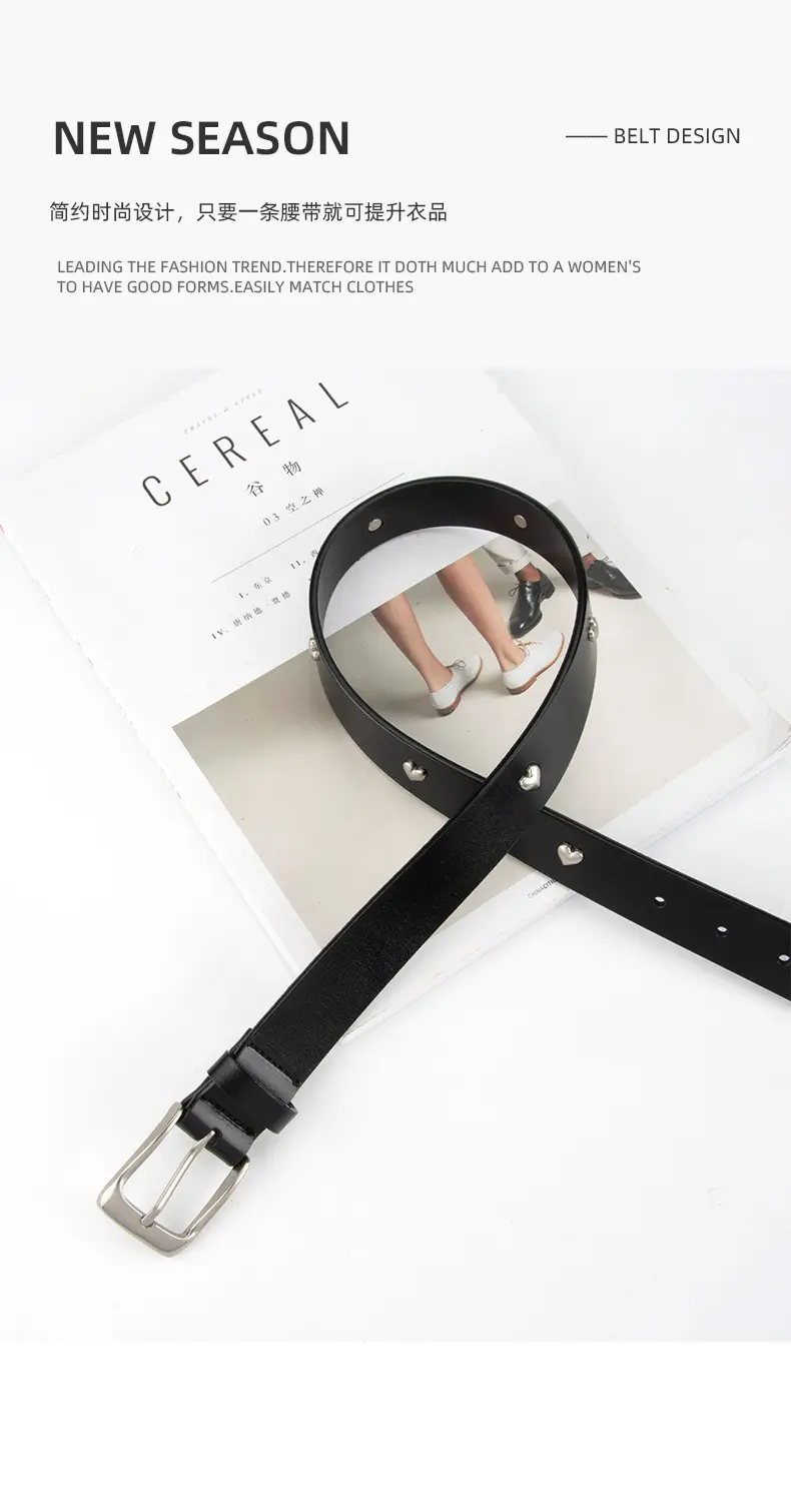Black Genuine Leather Belt with Vintage Heart Pin Buckle for Women — feature 4