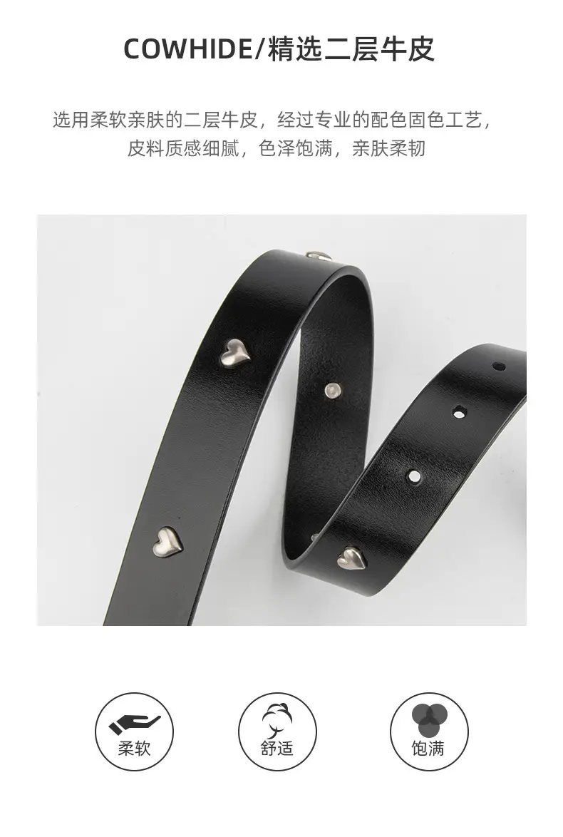 Black Genuine Leather Belt with Vintage Heart Pin Buckle for Women — feature 5