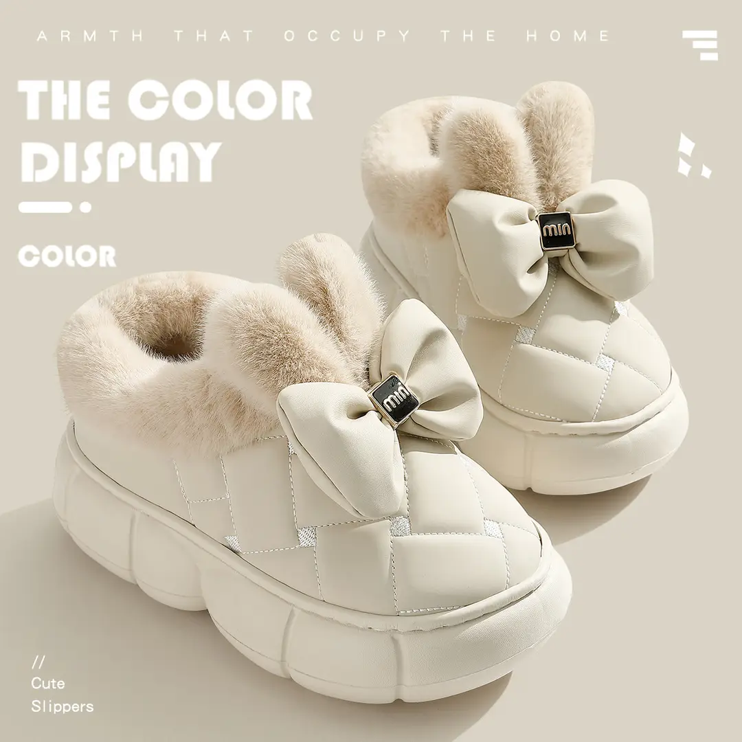 Bow cotton shoes snow boots Korean version bag with women's indoor and outdoor fleece-lined thick bottom non-slip warm slippers for lovers winter - Image 5