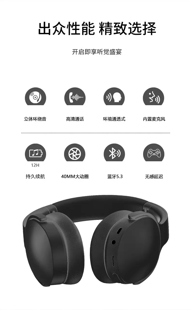 Wireless Over-Ear Bluetooth Headphones Black with 3 EQ — feature 5