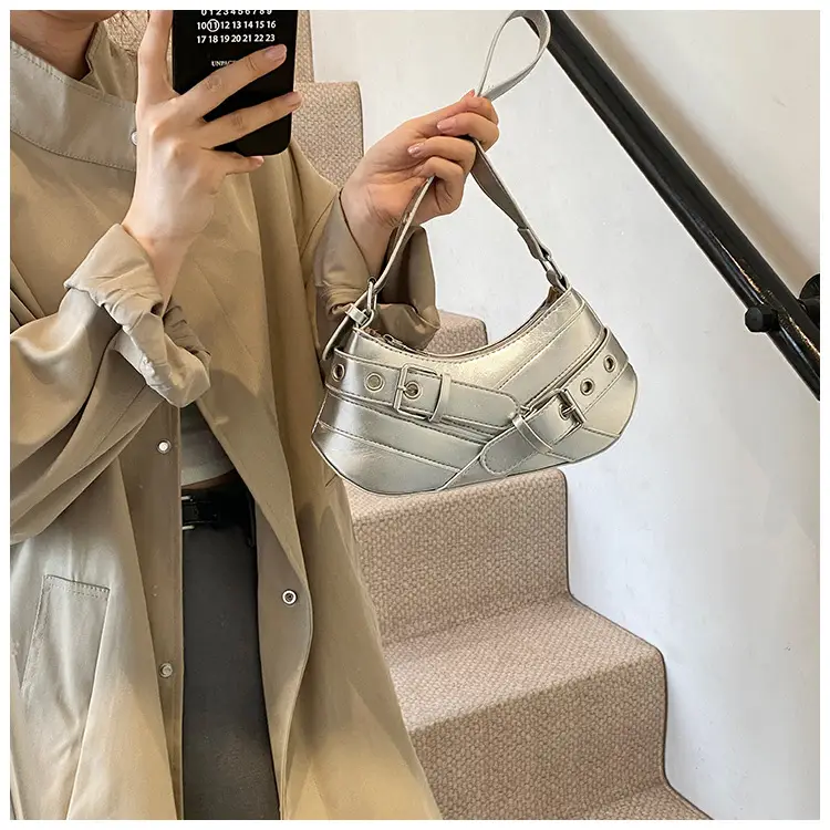 2024 Trendy Silver Motorcycle Shoulder Bag - Image 7