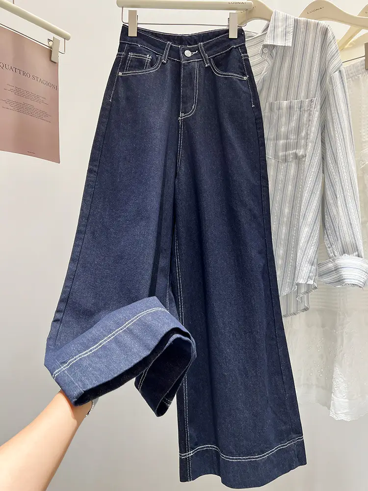 Dark Blue Wide Leg Jeans Women Spring Autumn Loose Fit High Waist