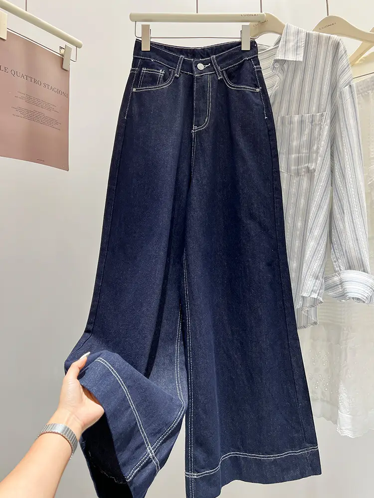Dark Blue Wide Leg Jeans Women Spring Autumn Loose Fit High Waist