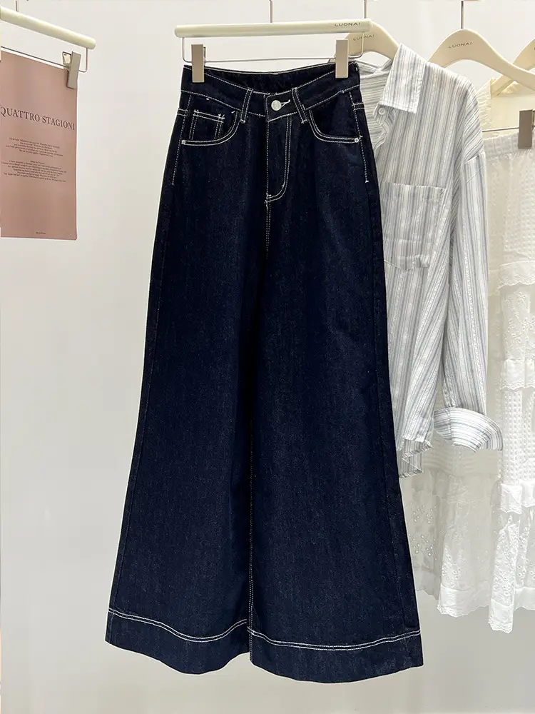 Dark Blue Wide Leg Jeans Women Spring Autumn Loose Fit High Waist