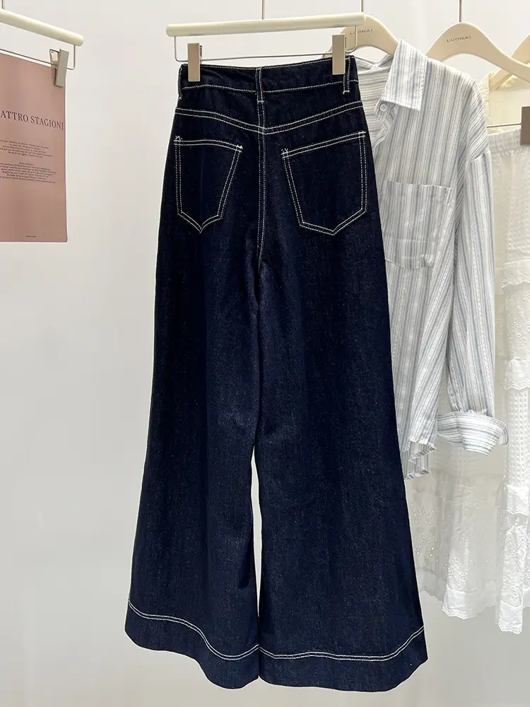 Dark Blue Wide Leg Jeans Women Spring Autumn Loose Fit High Waist