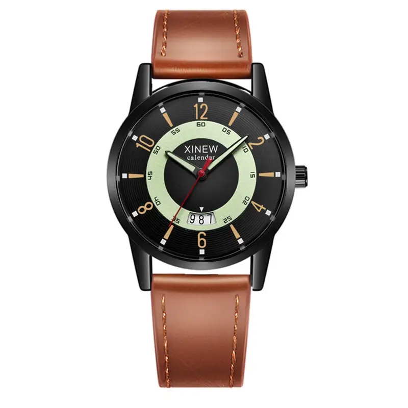 Men's Xinew Leather Band Date Quartz Watch Brown