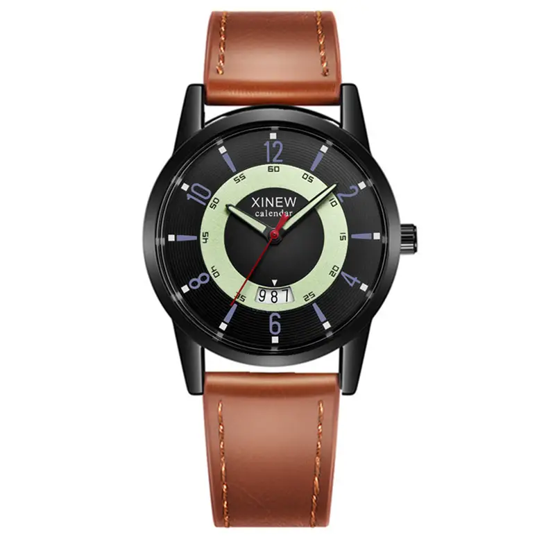 Men's Xinew Leather Band Date Quartz Watch Brown